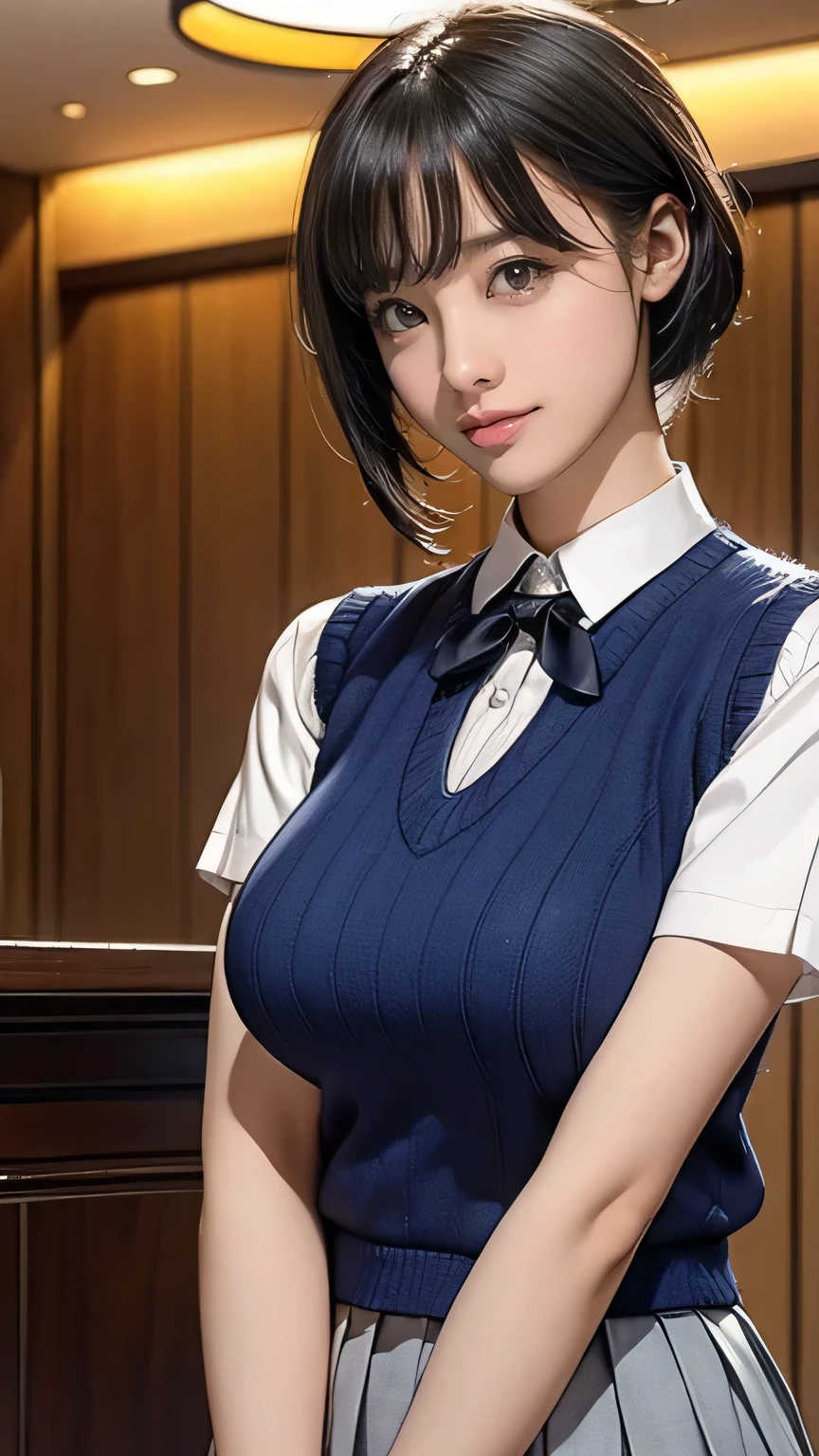 NSFW、middle School girls、One person、Japanese、Black Haired Beautiful Girl、Bobcut、Beautiful Skin、Baby Face、Crisp eyes、Naughty lips、Beautiful teeth alignment、Short-sleeved uniform、White blouse、Blouse with collar、Collarbone in full view、small breasts with bulge、No bra、Pleated skirt、The skirt is light blue、Sexy thighs、Inner thighs、Hide your arms behind your back、Slender body、Drenched in sweat、The blouse is see-through、Looking up、I'm looking at this、Sit on a chair、classroom、Watching from above