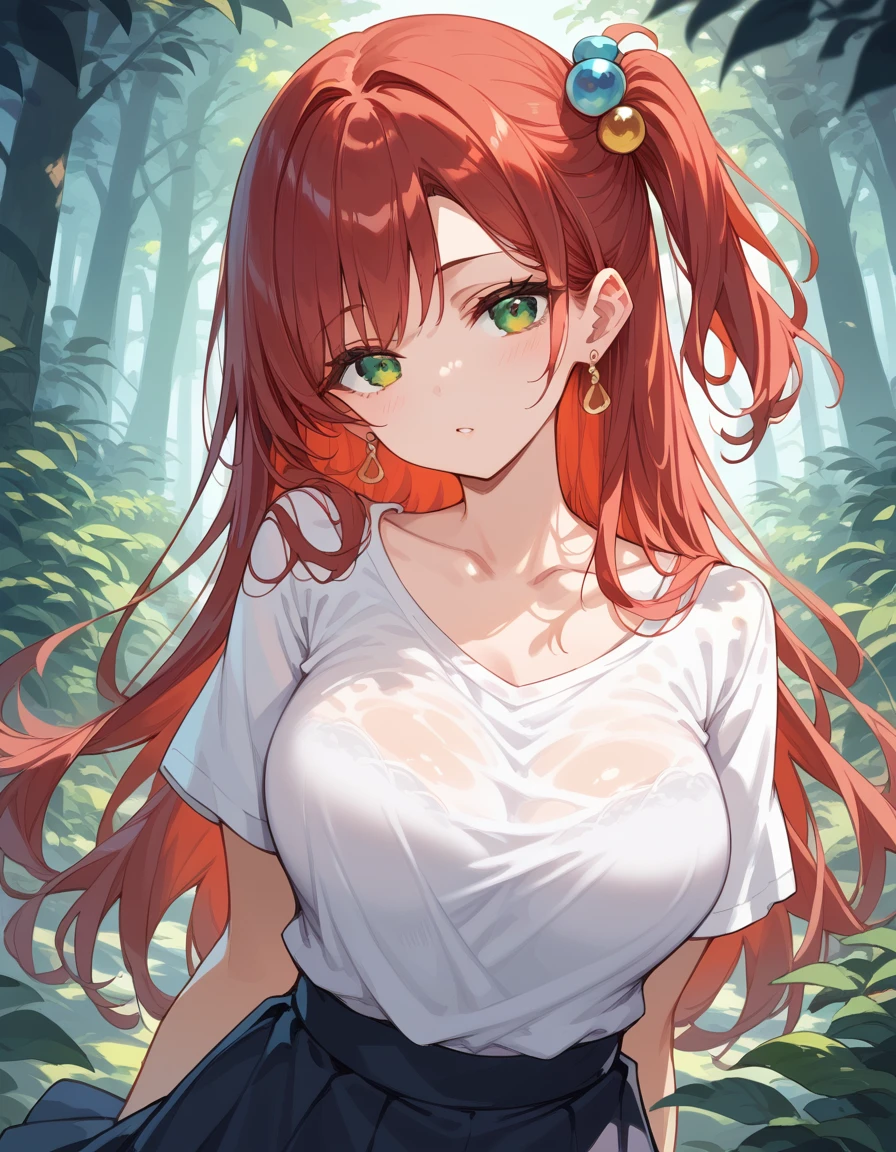 score_9, score_8_up, score_7_up, source_Cartoon, Morning Fragrance   ,    red hair, (green eyes, one side up),,hair accessories,    Glossy Skin  , long hair, Short Version Deep V Neck Shirt  .  Skirt Earrings Chest..forest