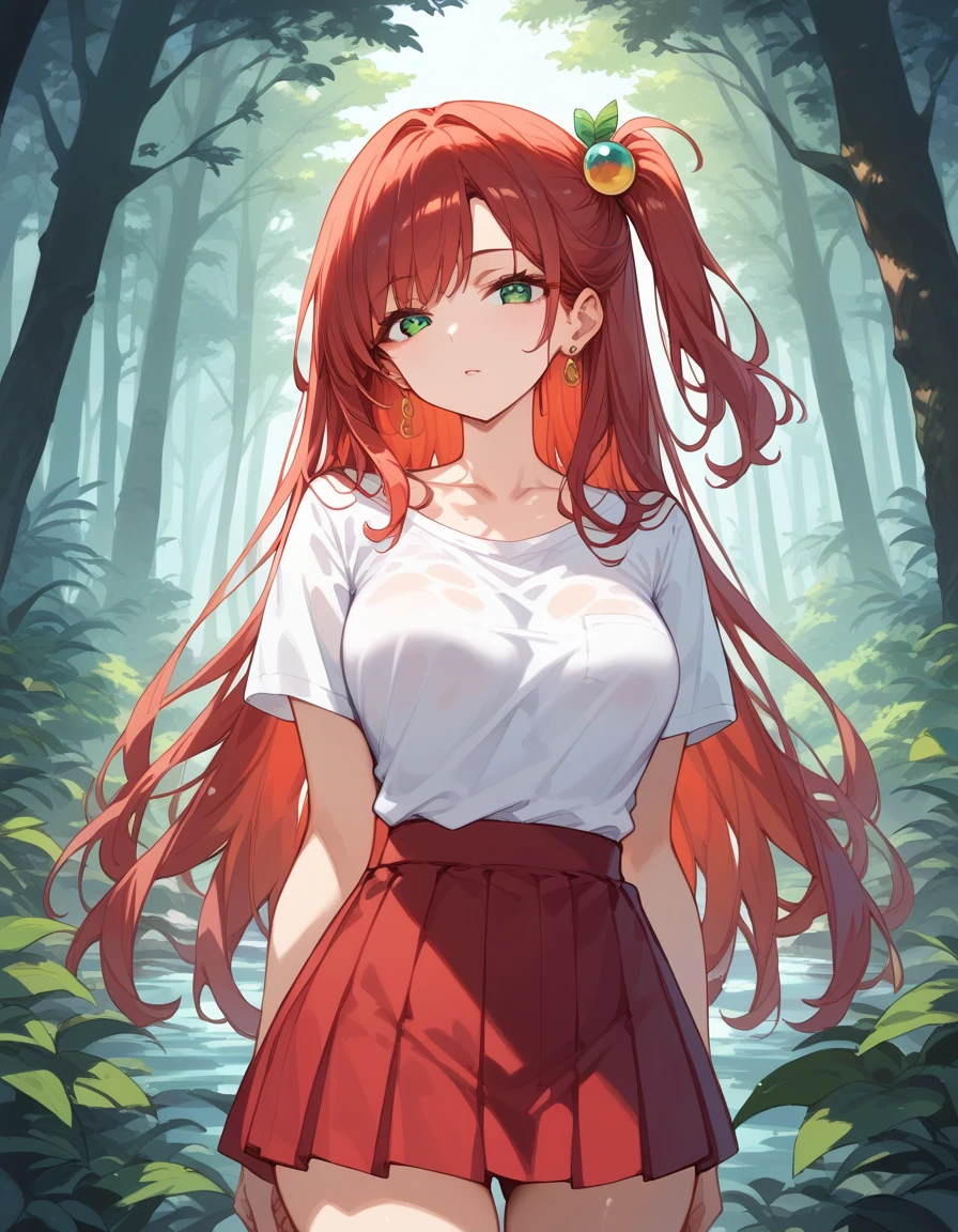 score_9, score_8_up, score_7_up, source_Cartoon, Morning Fragrance   ,    red hair, (green eyes, one side up),,hair accessories,    Glossy Skin  , long hair, Short Version Deep V Neck Shirt  .  Skirt Earrings Chest..forest