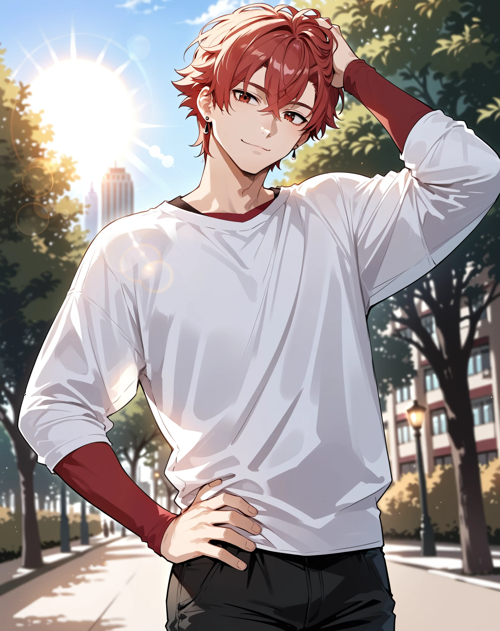 score_9, score_8_up, score_7_up, source_anime {{upper body, source_anime, outdoors, city, park, looking at viewer, solo, dutch angle, lens flare, sun, under tree, light rays}} male, mikoshiba mikoto, crimson hair, crossed bangs, baggy pants, oversized shirt, head tilt, light smile, stud earrings, scratching head, hand on hip.
