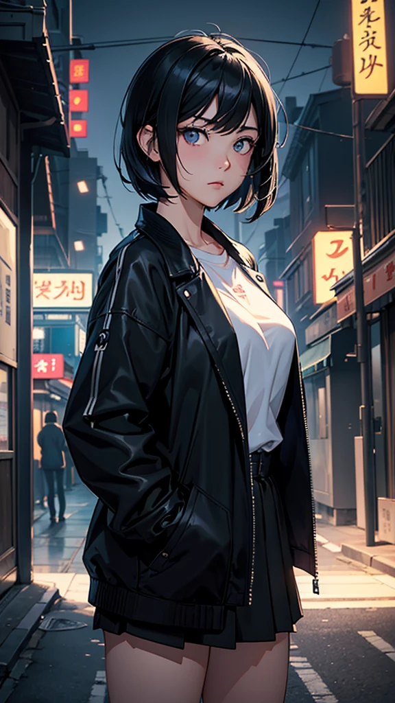 Create a 、 An illustration depicting a mysterious and friendly girl heroine。 The background is a night view of a city or a dim street corner 、 The contrast between calm colors and shadows is impressive 。 The heroine has short black hair 、 and features big, clear eyes 。She has an expression that suppresses emotion 、 has somewhat speculative and deep eyes 。 Her costume is a simple shirt or jacket 、Contemporary style。 A composition where you can feel a sense of depth and tension throughout the screen 。