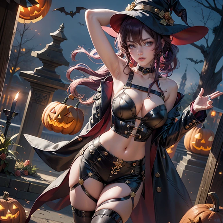 1girl, dress, jewelry, purple hair, glow hair, flowing hair, ahoge, armpits, witch hat, witch costume, bare shoulders, glow eyes, witch costume for Halloween, Halloween theme, chest sarashi, claw pose, tassel, collarbone, cowboy shot, cute ghost, hair between eyes, hair intakes, halloween, halloween costume, huge ahoge, long hair, looking at viewer, midriff, multicolored hair, witch dress, witch hat on her head, smile, solo, stomach, strapless, streaked hair, thigh gap, thighs, tube top, very long hair, pumpkin lantern, candle, cemetery scenery 