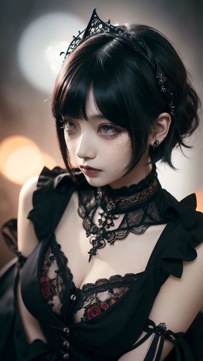portrait of a beautiful anime girl wearing a gothic dress, in a dark and moody atmosphere filled with white mist, indoor dimlight, (black and red ink splash:1.2) embedding:SimplePositiveXLv1