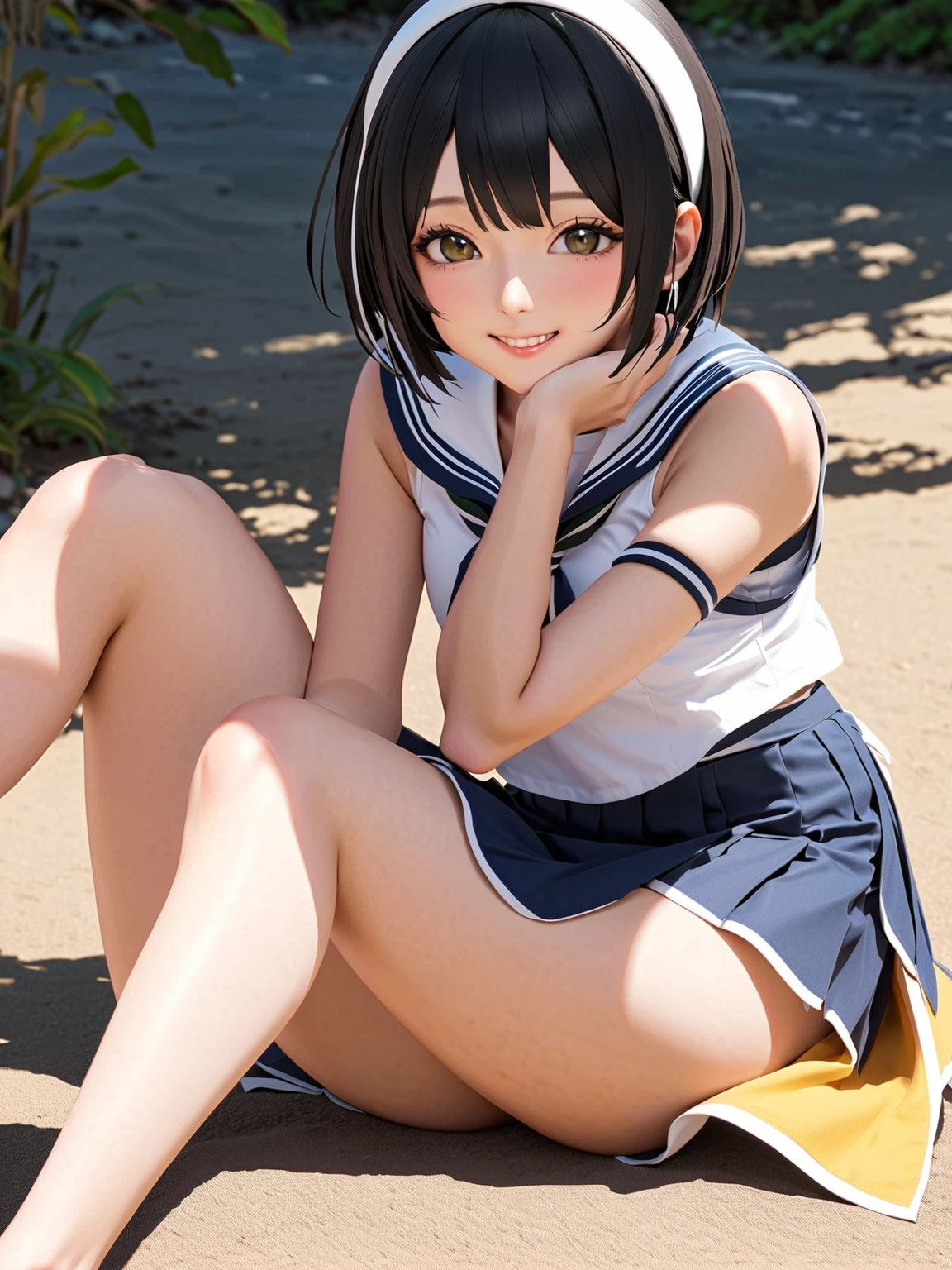 1girl, hentai, 2.5D, Yuffie, yuffie_kisaragi, detailed face, beautiful face, detailed hair, good anatomy, black short bobcut hair, sailor uniform, serafuku:1.34, wearing navy buruma:1.31, front light, sunshine, strong shadow, naughty smile, lying:1.36, ((spreading legs:1.29)), (spreading crotch by self), ((hands on crotch:1.23)), woman feet apart, outdoor, best quality, masterpiece, ultra detailed, LOOSE SOCKS, squirting