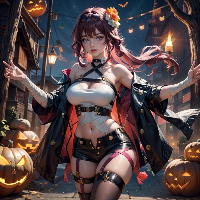 1girl, dress, jewelry, purple hair, glow hair, flowing hair, ahoge, armpits, bandaged arm, bandaged hand, bandaged leg, bandaged neck, bandage chest, bandages all over the body, bandages, bare shoulders, glow eyes, mummy costume for Halloween, Halloween theme, chest sarashi, claw pose, tassel, collarbone, cowboy shot, cute ghost, hair between eyes, hair intakes, halloween, halloween costume, huge ahoge, long hair, looking at viewer, midriff, multicolored hair, mummy costume, smile, solo, stomach, strapless, streaked hair, thigh gap, thighs, tube top, very long hair, pumpkin lantern, candle, cemetery scenery 