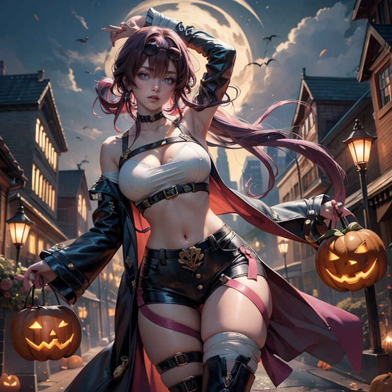 1girl, dress, jewelry, purple hair, glow hair, flowing hair, ahoge, armpits, bandaged arm, bandaged hand, bandaged leg, bandaged neck, bandage chest, bandages all over the body, bandages, bare shoulders, glow eyes, mummy costume for Halloween, Halloween theme, chest sarashi, claw pose, tassel, collarbone, cowboy shot, cute ghost, hair between eyes, hair intakes, halloween, halloween costume, huge ahoge, long hair, looking at viewer, midriff, multicolored hair, mummy costume, smile, solo, stomach, strapless, streaked hair, thigh gap, thighs, tube top, very long hair, pumpkin lantern, candle, cemetery scenery 