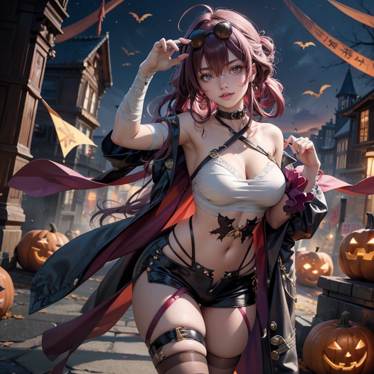 1girl, dress, jewelry, purple hair, glow hair, flowing hair, ahoge, armpits, bandaged arm, bandaged hand, bandaged leg, bandaged neck, bandage chest, bandages all over the body, bandages, bare shoulders, glow eyes, mummy costume for Halloween, Halloween theme, chest sarashi, claw pose, tassel, collarbone, cowboy shot, cute ghost, hair between eyes, hair intakes, halloween, halloween costume, huge ahoge, long hair, looking at viewer, midriff, multicolored hair, mummy costume, smile, solo, stomach, strapless, streaked hair, thigh gap, thighs, tube top, very long hair, pumpkin lantern, candle, cemetery scenery 