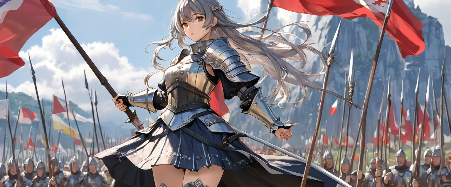 (  Highly Detailed CG Octane Rendering 8K Wallpaper ),  World's Most Beautiful Artwork  ,  Long Spear with a Flag , Complex,  high detail, ８  girl , Silver embroidery, Medieval Long Cotton Dress （With panniers）, cotton cloth,  Raise Skirt  , Strong winds, Transparent slip, Translucent Tights  , Peeking from below, Best Quality, Disarray of clothing,  lies down, underwear,  show off your thighs, knight , Skirt lining, Bloomers、 Leather Armor、 with a flag attached to a long spear ,battlefield