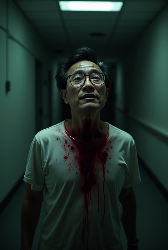 An old Japanese man in a suit collapses and dies in a gruesome manner.、His clothes and face were covered in blood and it was awful.。As if the whole body is photographed from the front。