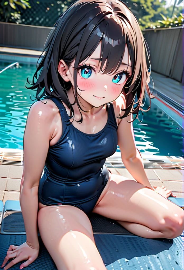 (,young girl ,short stature,gyaru)) ,flat chest,nsfw,plump,one-piece-swimsuit,big head、,black hair,long hair,bobcut.,poolside,pov boy sex