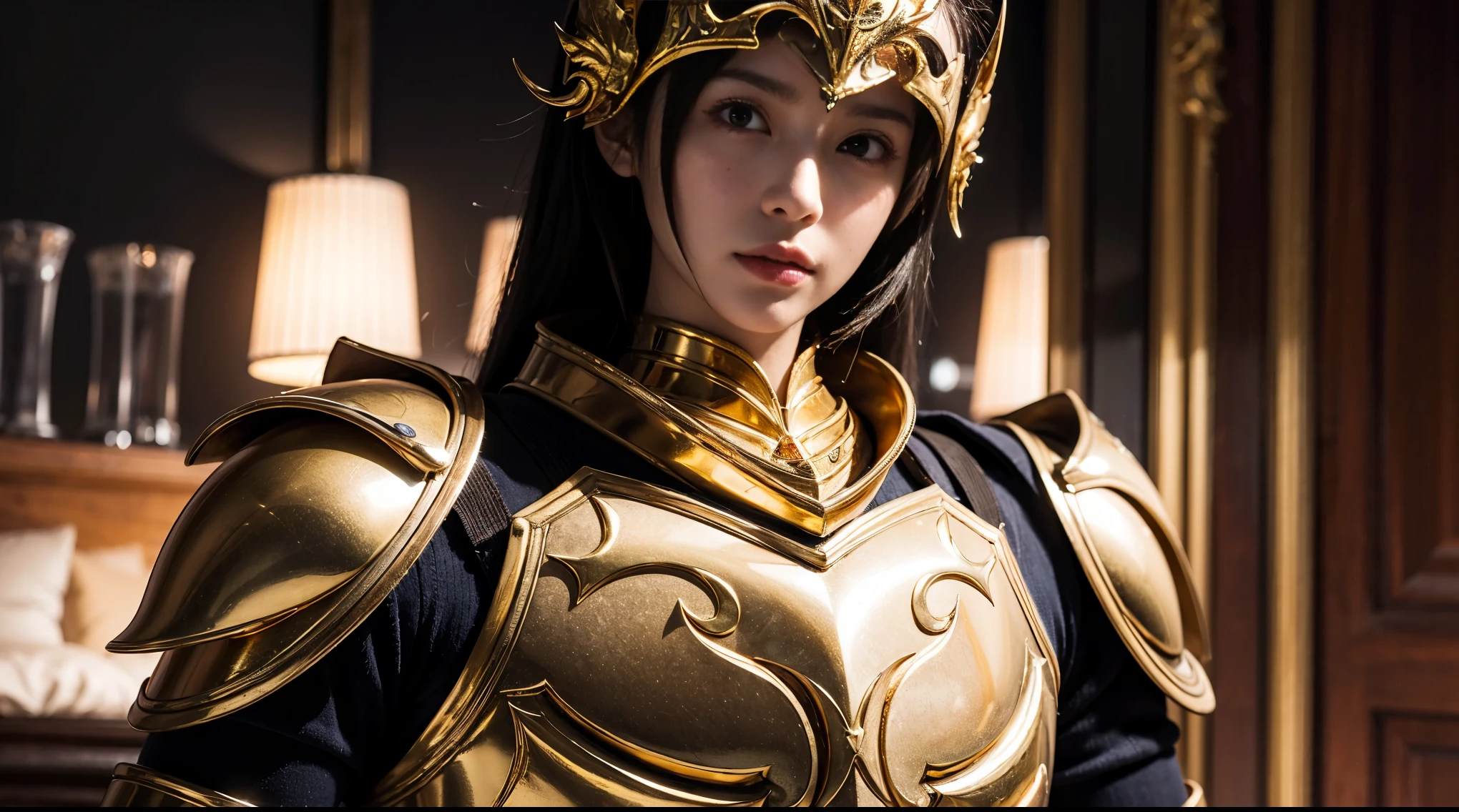 a close up of a woman in armor with a sword, stunning armor, wearing fantasy armor, very stylish fantasy armor, gold heavy armor. dramatic, beautiful armor, fantasy armor, black and gold armor, gothic armor, wearing ornate armor, intricate armour costumes, female armor, ornate gothic armor, ornate , wearing louis vuitton armor, girl in knight armor