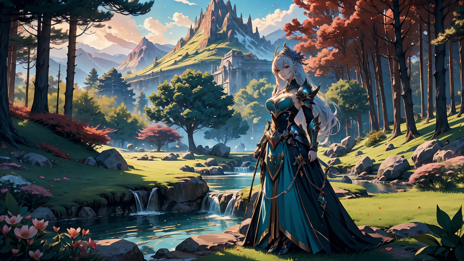 Enchanting 8K Fantasy Anime Scene: A paradisiacal landscape: a surreal grove with towering trees, vibrant flowers, and sparkling streams beneath a dramatic sky—a magical, ethereal atmosphere blending dark fantasy with natural serenity. A vivid paradise contrasting with the strong yet graceful figure of a lone female warrior, inviting an otherworldly ambiance. The warrior: a full-body view facing the viewer, elegance and strength in light armor. Long, flowing silver hair framing her face, golden eyes captivating with a gentle allure, porcelain-smooth pale skin softly glowing, an enchanting smile exuding warmth. Ultra-high 4K and 8K resolution: extreme detail capturing intricate foliage, fine armor textures, and radiant colors. A vibrant, photorealistic CG unity quality with a Genshin Impact-inspired style, dynamic composition using the rule of thirds, centered focus celebrating strength and the serene beauty of nature in a harmonious masterpiece. A perfect fantasy anime wallpaper enhanced by a beautiful sunny day in a coniferous forest, an enchanting atmosphere further enriched by soft anime tones and luminism, adding depth to the illustration. A three-dimensional sensation, showcasing the stunning warrior alone in a vast, open world filled with mountains, rivers, and ancient ruins, all captured with extreme detail and vibrant colors.