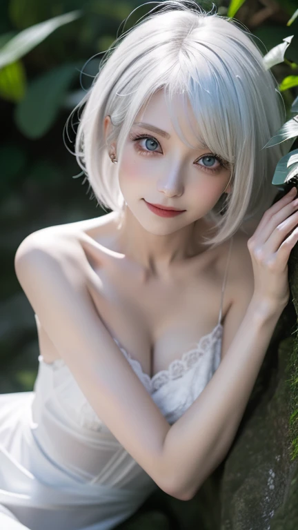 girl, Smile, delicate skin, white hair, necklace, elegant collar, Fluffy smooth feather jacket, Heterochromia, beautiful, beautiful, high detail, best quality, super detailed, Hyperactual, actual, masterpiece, complicated, ridiculous, employment