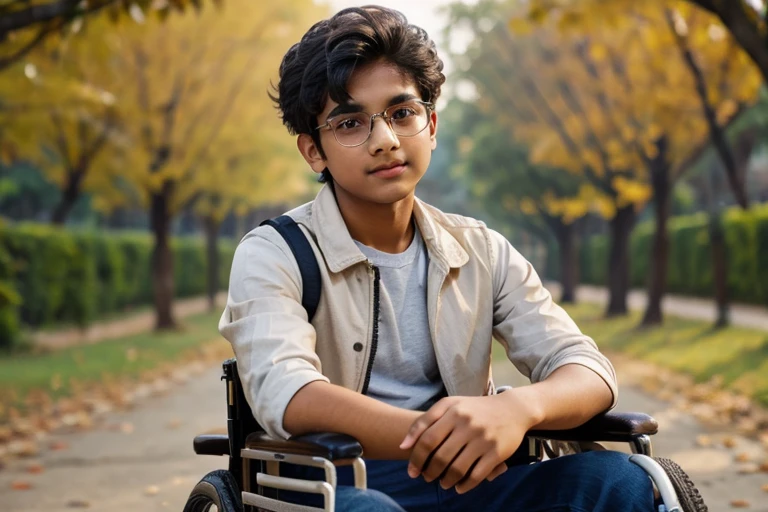  1 beautiful indian teenager , rounded face, a serious expression on his face,

realistic dishevelled short curly dark brown hair,

realistic beautiful brown eyes, glasses,

Multiple Poses and Expression, full body, sitting in wheelchair(realistic wheelchair),

White shirt, wool plaid sleeveless jacket, grey canvas pants, old sneakers, 

whole body, 

character sheet, 

different angles, realistic clothes texture, realistic hair, masterpiece, beautiful detailed rounded face,

background white --ar 3:2