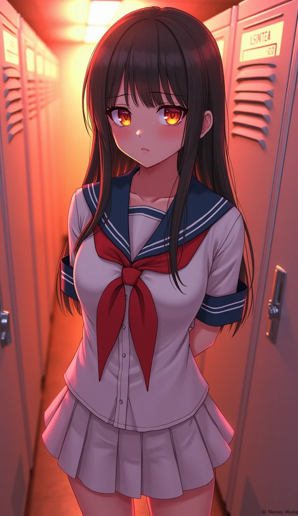 One girl、uniform　sexy　Erotic　Black Hair　mini skirt　Student Uniform　Sailor suit, Excellent anatomy, masterpiece, Highest quality,Realistic, hyperRealistic, 16k hdr,(((skirt lift))),NSFW、Long Hair、Straight Hair、bangs、freckles、Brown Hair、high school girl、White panties、Slender、Slender body、In the locker room, asian high school girl, huge breasts, cleavage, Lewd, horny, sexual gaze, huge breasts, cleavage, edgy graffiti graphic design with a neon pink, orange, and yellow colored palette, sexy pose, big orange eyes, ulzzang, portrait, (anime), manga, (3D), sexy, 8ｋ, Highest quality, masterpiece, Sharp focus, yellow hair, orange eyes, ((from below)), arms behind back,