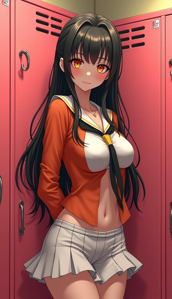 One girl、uniform　sexy　Erotic　Black Hair　mini skirt　Student Uniform　Sailor suit, Excellent anatomy, masterpiece, Highest quality,Realistic, hyperRealistic, 16k hdr,(((skirt lift))),NSFW、Long Hair、Straight Hair、bangs、freckles、Brown Hair、high school girl、White panties、Slender、Slender body、In the locker room, asian high school girl, huge breasts, cleavage, Lewd, horny, sexual gaze, huge breasts, cleavage, edgy graffiti graphic design with a neon pink, orange, and yellow colored palette, sexy pose, big orange eyes, ulzzang, portrait, (anime), manga, (3D), sexy, 8ｋ, Highest quality, masterpiece, Sharp focus, yellow hair, orange eyes, ((from below)), arms behind back,