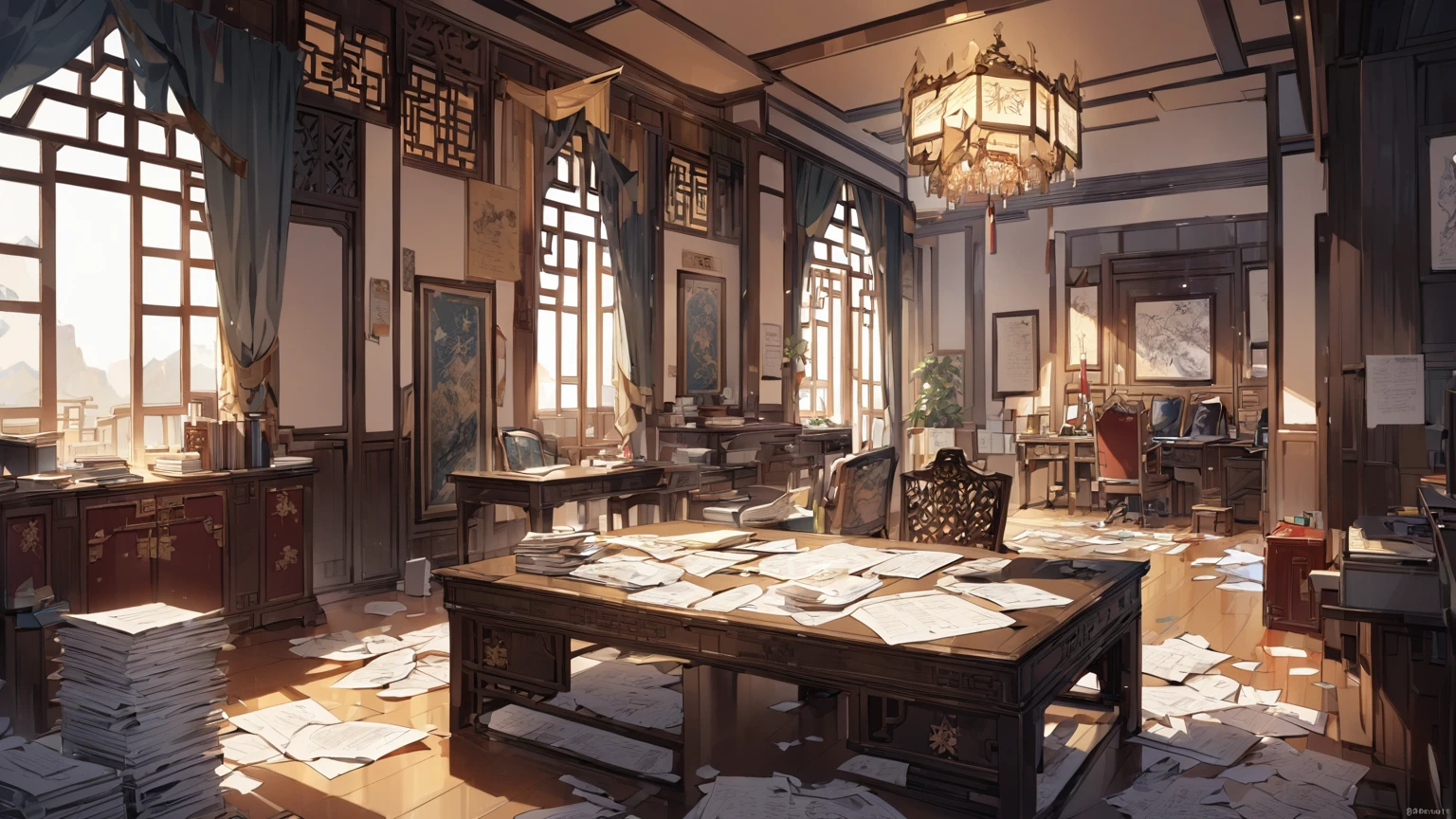 chinese kingdom, king work room, only one room, one table, one chair, alot of paper on table, no human