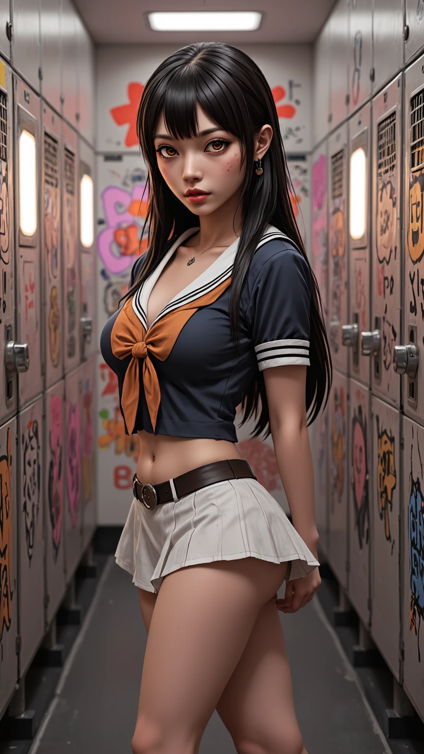 One girl、uniform　sexy　Erotic　Black Hair　mini skirt　Student Uniform　Sailor suit, Excellent anatomy, masterpiece, Highest quality,Realistic, hyperRealistic, 16k hdr,(((skirt lift))),NSFW、Long Hair、Straight Hair、bangs、freckles、Brown Hair、high school girl、White panties、Slender、Slender body、In the locker room, asian high school girl, huge breasts, cleavage, Lewd, horny, sexual gaze, huge breasts, cleavage, edgy graffiti graphic design with a neon pink, orange, and yellow colored palette, sexy pose, big orange eyes, ulzzang, portrait, (anime), manga, (3D), sexy, 8ｋ, Highest quality, masterpiece, Sharp focus, yellow hair, orange eyes, ((from below)), arms behind back,