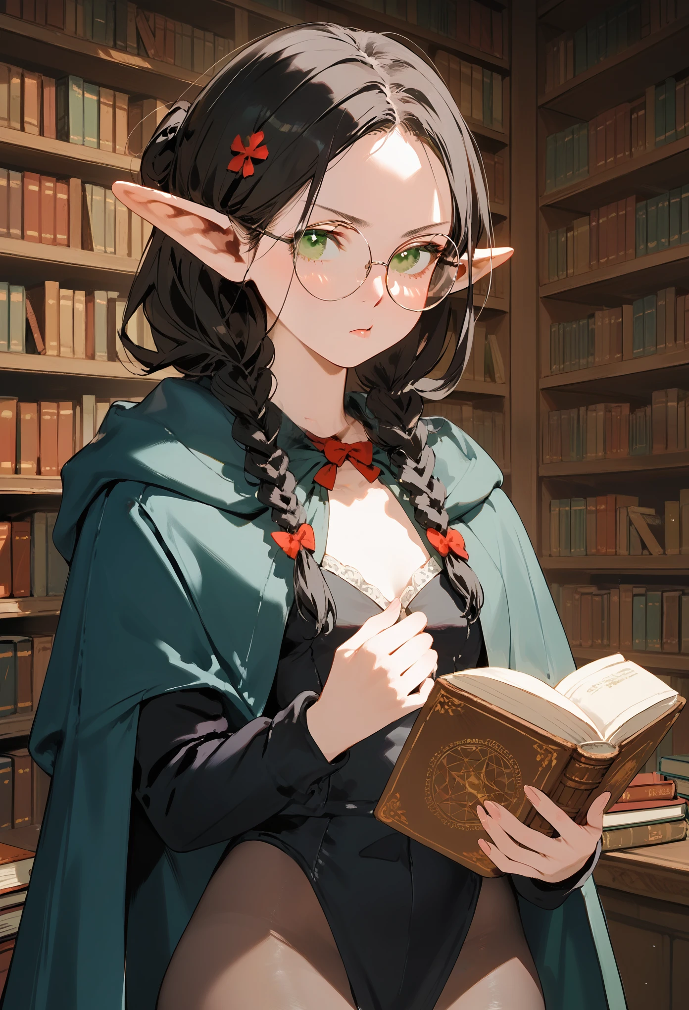 masterpiece, fair, 4K, best quality, library, ((Detailed green eyes)), (black hair with two braids), bangs, Pointed ears, Round frame glasses, wide hips, pouting expression, pantyhose, (small breasts), holding book, (open chest), (dark magical cape), teen,