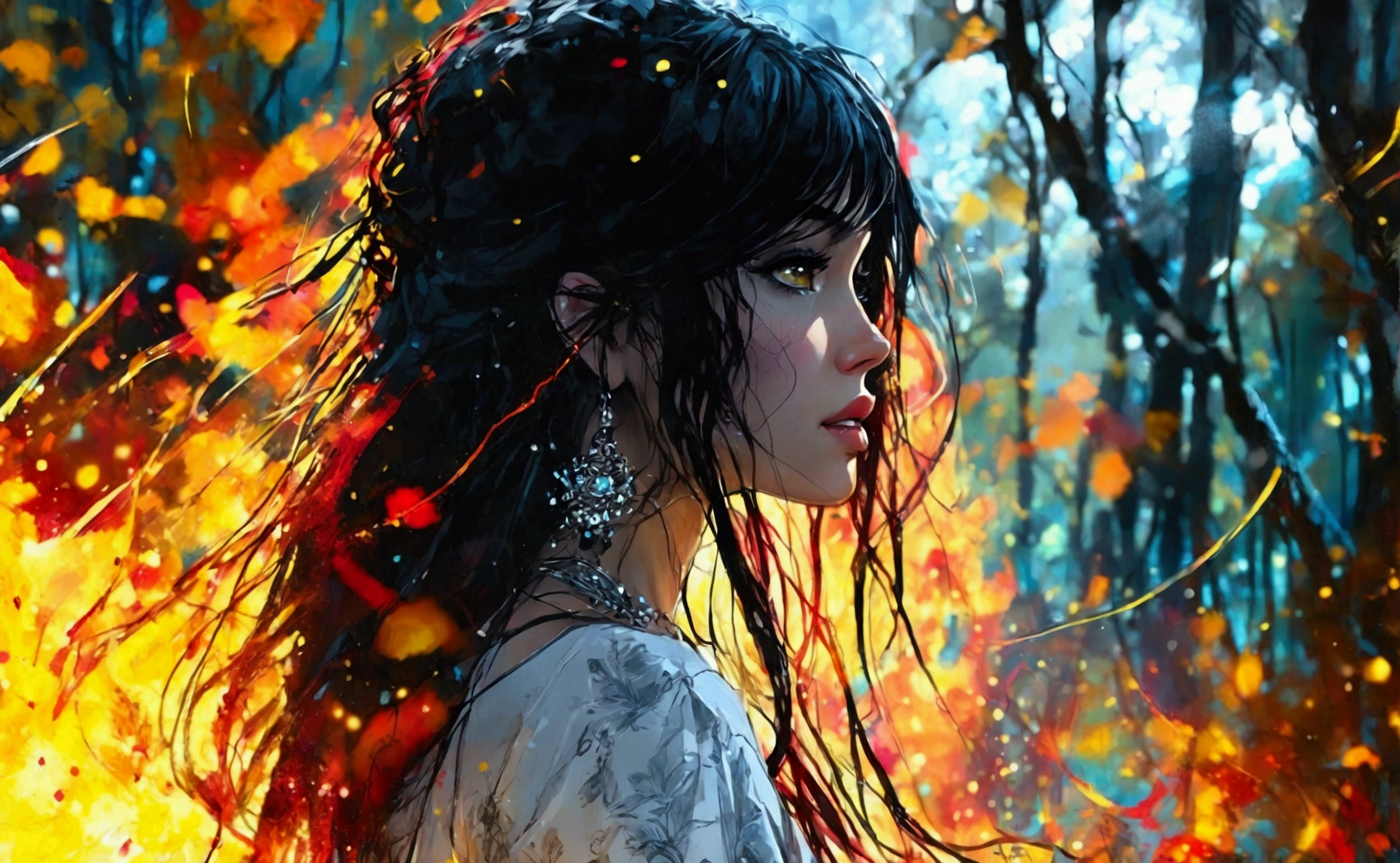  BEAUTIFUL WOMAN WITH DARK STRIPPED HAIR ,  in a forest, looking at me, VIBRANT FIRE YELLOW MACRO EFFECT HDR , deliberate, ::jason fabok   and yoji shinkawa  style ::2.0 comix illustration style,tatoon style , comic book style   ,beautiful woman with long  hair ultra detailed, (beautiful and clear background:1.2),, fantastic paintings ,graffit style,  flowers, olhos  highly detailed s , a t-shirt or dressed in a white blouse underneath, position, and bracelets, , with long black hair , ,  out, vibrant,   ,high quality, ::Yoji Shinkawa Style ::estilo de Illustration comix 2.0,people style,  Comic book style ,   beautiful woman with ultra detailed long hair, (beautiful and clear background:1.2),, fantastic paintings,graphite style, flores, olhos  highly detailed s, dressed in a blouse printed with letters, bracelets, fight , with long black hair, , vibrant, , fantastic paintings de joe madureira, high quality, beautiful model , beautiful , fantastic model, with long, ultra-detailed black hair, with light, no makeup,center , Light red PARTICLES shine stars , background marvelous effect , , perfect anatomy, Centralized,  getting closer to perfection, dynamic,  highly detailed ,  Watercolor Painting , ArtStation, conceptual art, suave, sharp focus, Illustration, arte de carne griffiths e wadim kashin,,, , {best quality}, {{masterpiece}}, { highres icon}, extremely detailed girl, Alone, sharp focus,{{{beautiful detailed castle (background)}}}, {{{character{{{1 girl}}}}}}, Alone, light smile, closed mouth, {{{{beautiful detailed eyes}}}}, blue eyes, {{{{{looking at viewer}}}}},{{{{{sharp focus}}}}}, {{****}}, {{{{{masterpiece portrait}}}}},full body, normal angle, shiny hair, very long hair, permed hair, {{{{{{beautiful detailed dress}}}}}}, silver hair, {{{{{{{beautiful detailed illustration}}}}}}}, {{{{{wind blowing}}}}}, {{{petals}}}, 3D rendering, octane render, Pixar, medium shot
