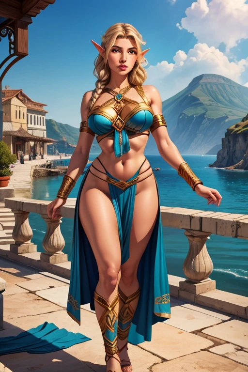 Sylva Koscina, 1 Light-skinned female elf, 22 years old, Alone, Aesthetic art, Greek style, curly braided blonde hair, shoulder-length hair, pointy ears, brown eyes, almond-shaped brown eyes, thin lips, round face, fair skin, delicate and beautiful body, large bust, wide hips, thick thighs, wearing the clothing of a Greek warrior, wearing Greek sandals, Greek elf (Textured skin, skin pores: 1.1), sexy pose, adding in her hand a Greek sword facing a Greek ship on the pier of a port village.