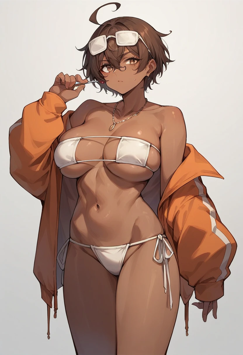  score_9,  score_8_up,  score_8_up, sauce_anime BREAK 1girl, Alone,  (Dark Skin Tone:1.5),Anise Swim, Ahoge,  short hair, Brown Hair, Glasses on head,  necklace , Eyepatch bikini,  side tie bikini bottom,  orange jacket ,  off shoulder, Big Breasts