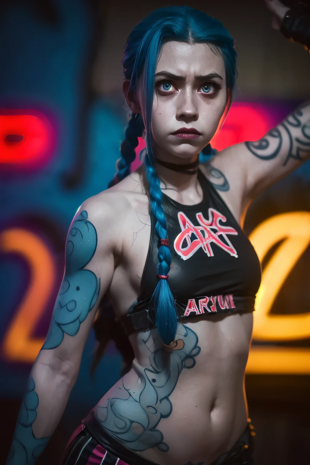 Hyper realistic super detailed Jinx cosplay , ((Young teen girl, )) , Very detailed, (hyper realistic: 1.4), in dynamic pose, angry face, twin braids, long hair, blue hair,( red eyes) , tattooed arm , (((angry face))), arcane style. ((Grunge wall Neon grafitti background, cinematic lighting)).