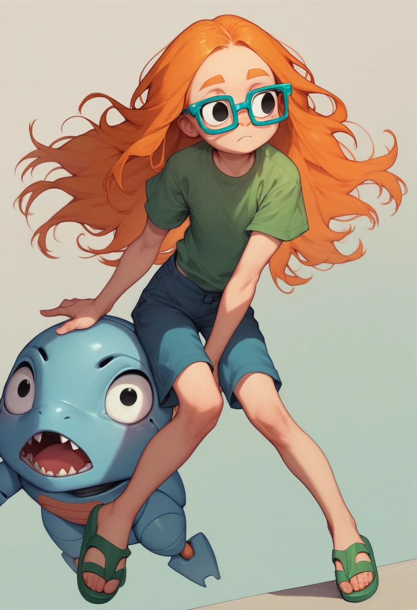 MertleEdmondsLSXL, MertleEdmonds, Mertle Edmonds, , black eyes, orange hair, long hair, blue glasses, flat chest, green shirt, short sleeves, blue shorts, green sandals, robot version