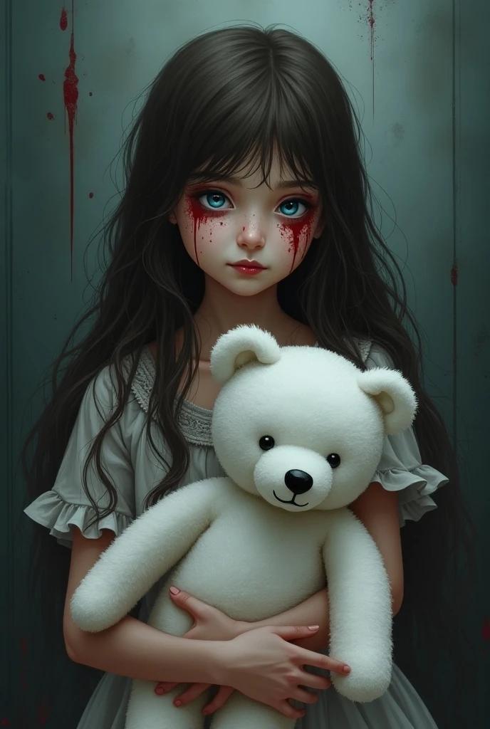 ((Best quality: 0.8)) ((perfect)) 1girl, child, long hair, dark brown, blue eyes, white dress, blood stains, fair skin, face covered in blood, torn white socks, a white teddy bear, gray background, cute, blood face, blood.