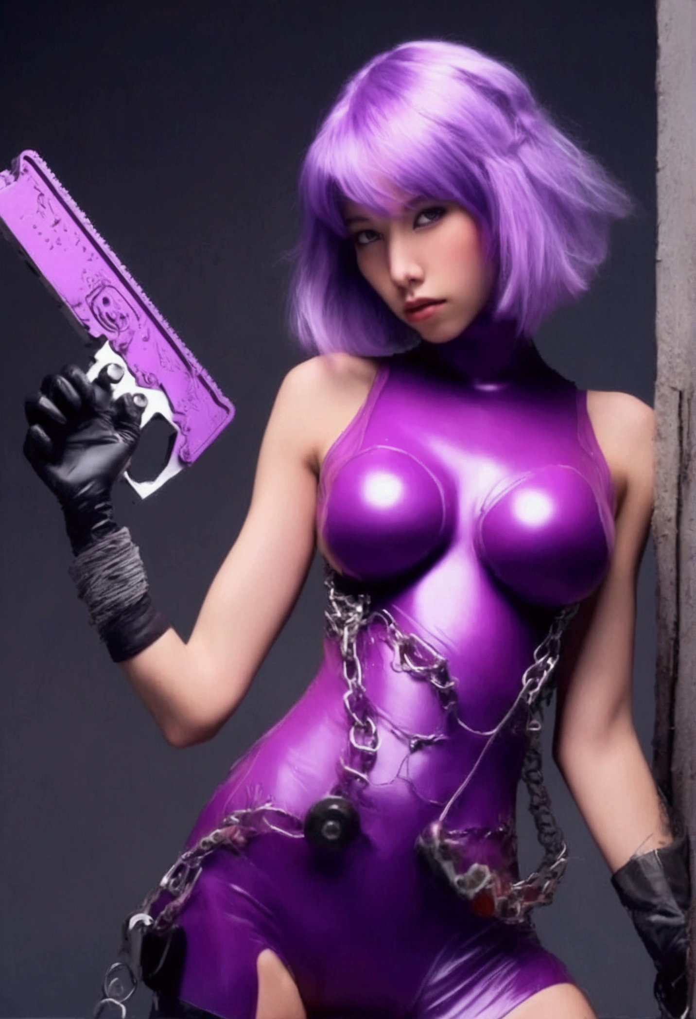 Luciwilde is a sexy cyborg with a entirely electric purple metallic body(obviously mechanical), metal helmet stylized as a fashion model hairdo (no hair visible), and a completely human face. She is flying through space propelled by jets in her feet. She has a guitar with a laser rifle built into it. Full body shot, show all of her, action pose with her weapon, best quality, extreme attention to detail, beautiful face