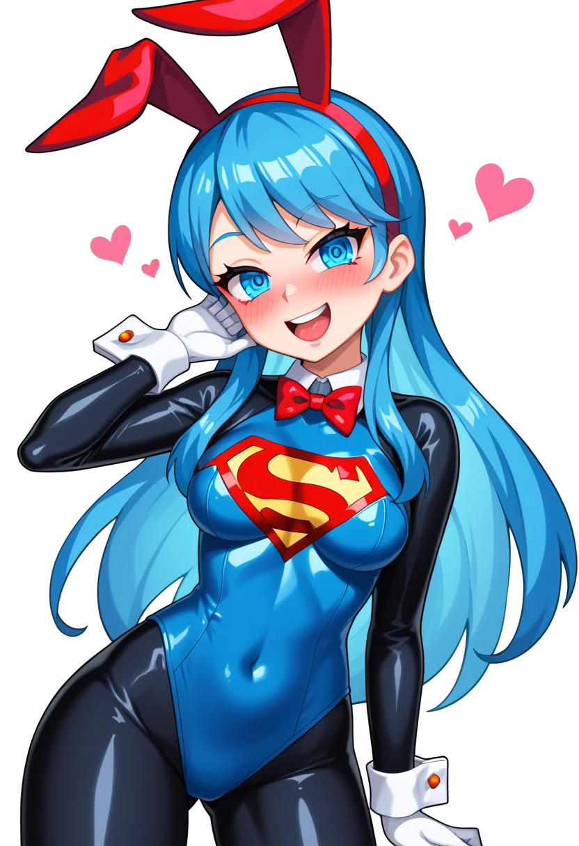 Superman score_9, score_8_up, rating questionable,1girl, source cartoon, pretty face, pretty eyes, detailed eyes, blue eyes, thick thighs, red reverse bunny suit, red blue, fake rabbit ears, cowboy shot, white background, heart , looking at viewer, blush, open mouth, happy, naughty face, gloves, wrist cuffs, exposed breastand Batman in lego art, night
