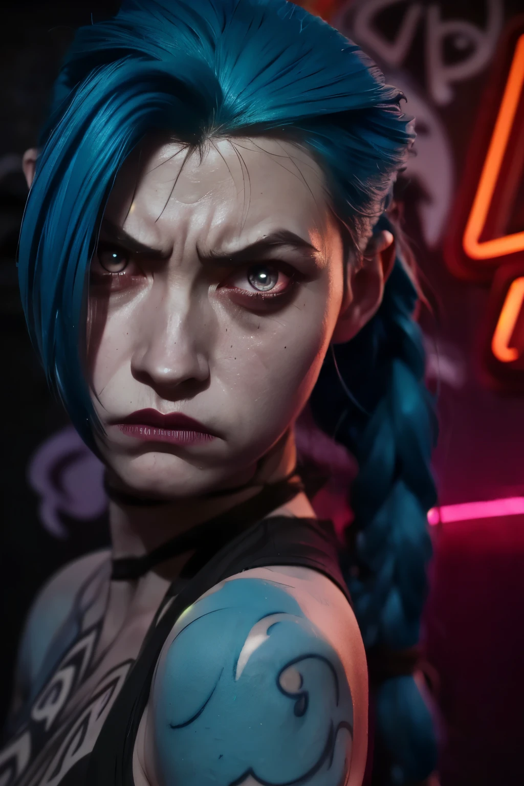 Hyper realistic super detailed Jinx cosplay , ((Young teen girl, )) , Very detailed, (hyper realistic: 1.4), in dynamic pose, angry face, twin braids, long hair, blue hair,( red eyes) , tattooed arm , (((angry face))), arcane style. ((Grunge wall Neon grafitti background, cinematic lighting)).