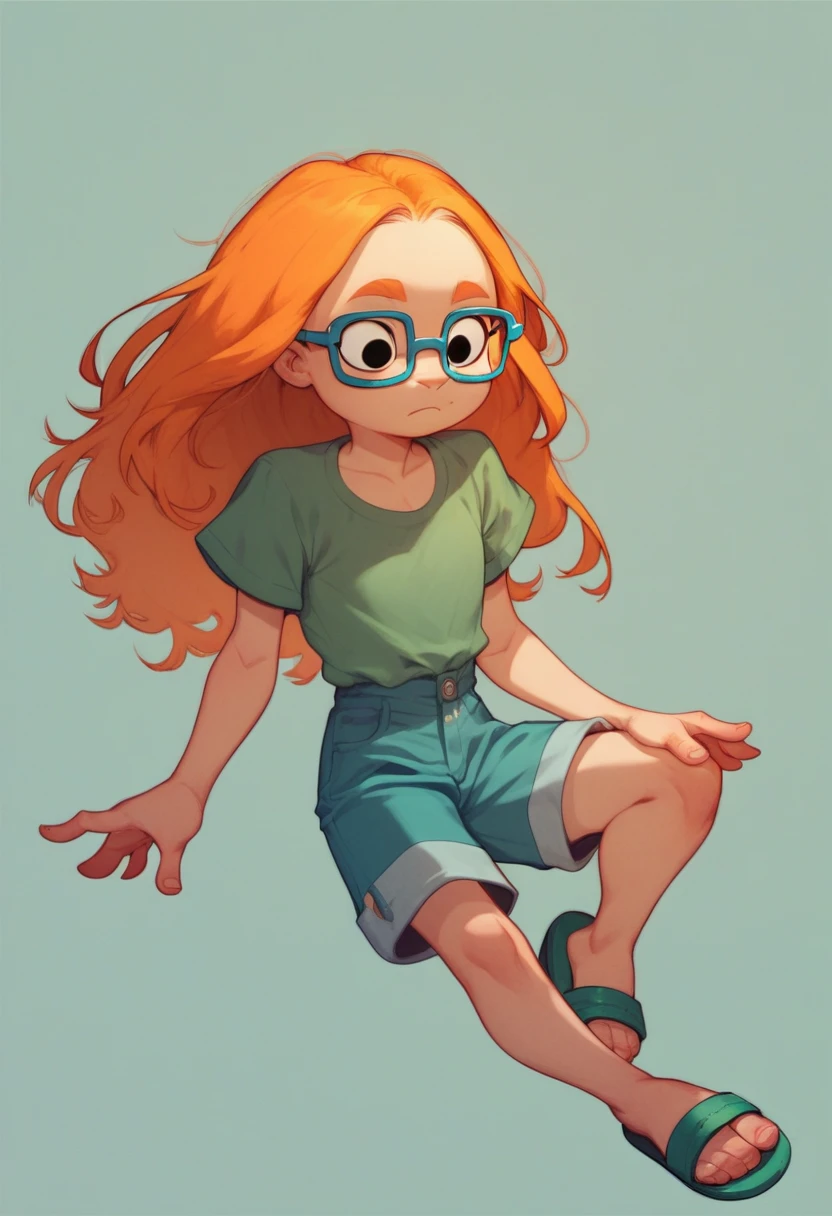 MertleEdmondsLSXL, MertleEdmonds, Mertle Edmonds, black eyes, orange hair, long hair, blue glasses, flat chest, green shirt, short sleeves, blue shorts, green sandals, robot version