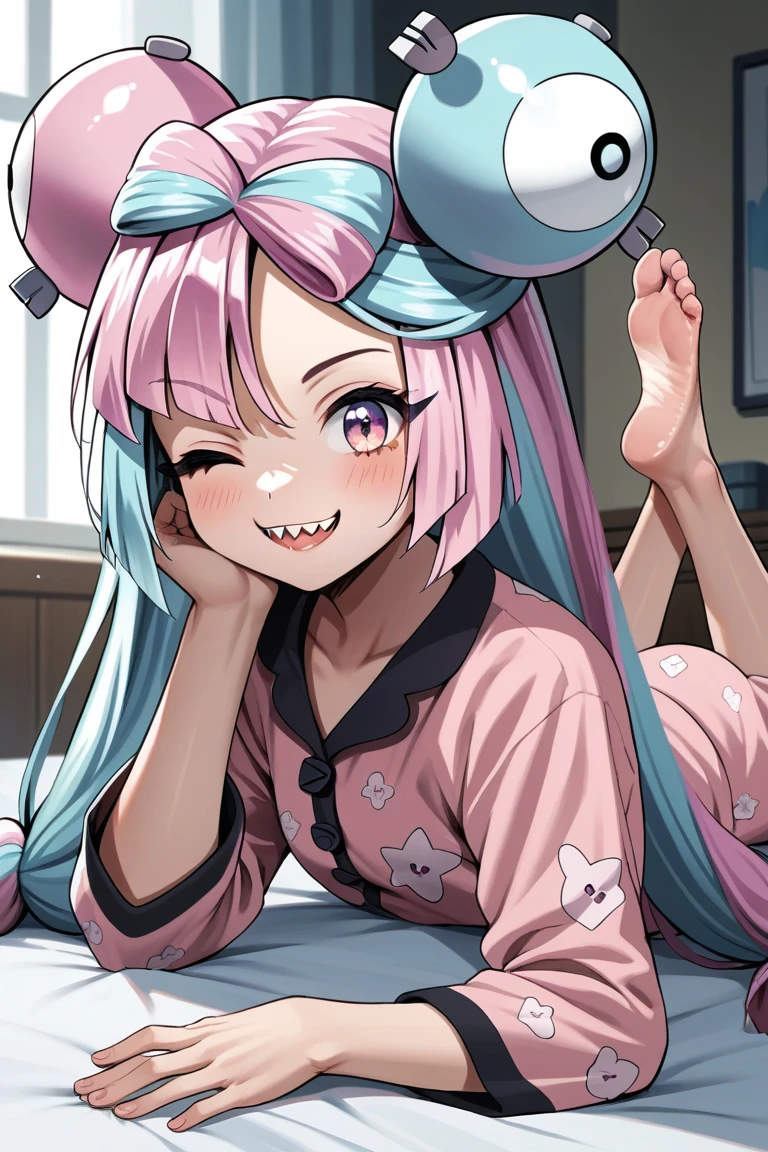 source_anime, pokemon iono, blue hair, bow-shaped hair, character hair ornament, hair ornament, long hair, low-tied long hair, multicolored hair, pink hair, sharp teeth, split-color hair, twintails, two-tone hair, pink eyes, prone, on stomach, lying, the pose, pajamas, feet, soles, barefoot, barefoot, feet, perfect feet, small feet, solo, 1girl, oiled soles, indoors, on bed, smile, wink, side view,
