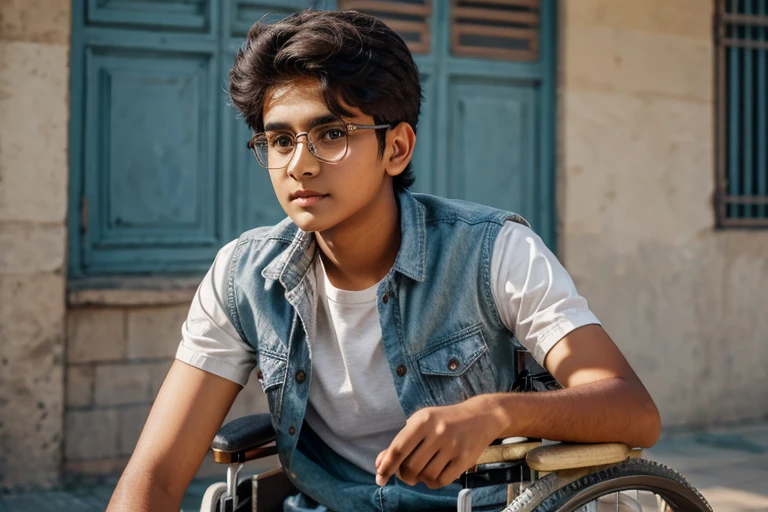  1 beautiful indian teenager , rounded face, a serious expression on his face,

realistic dishevelled short curly dark brown hair,

realistic beautiful brown eyes, glasses,

Multiple Poses and Expression, full body, sitting in wheelchair(realistic wheelchair),

White shirt, wool plaid sleeveless jacket, grey canvas pants, old sneakers, 

whole body, 

character sheet, 

different angles, realistic clothes texture, realistic hair, masterpiece, beautiful detailed rounded face,

background white --ar 3:2