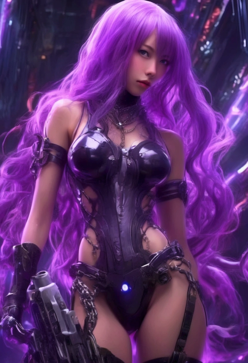 there is Margot Robbie, navy blue and bright purple neon streaked hair, hair in pony tail, 3 d neon art of a womans body, neon-noir background, cyberpunk femme fatale, seductive cyberpunk dark fantasy, cyberpunk strip clubs, cyberpunk 20 y. o model girl, oppai cyberpunk, banner, high definition cgsociety, cgsociety masterpiece, trending on cgstation, kda, random hair, looking at camera, gigantic breasts, cleavage, (high detailed skin:1.2), 8k uhd, dslr, super lighting, high quality, film grain, high res, highly detailed, hyper realistic, beautiful face, beautiful body, beautiful eyes nose lips, alluring expression, very bold, upper visible, full body photo, standing legs apart, pale translucent glowing skin, most beautiful face, cute, (well defined pubic hair:1.2)), (dark plain black background:1.4))