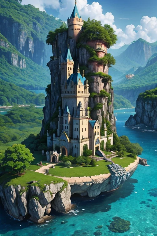  The island of Hylas inspired by the kingdom of Atlantis ,  majestic buildings adorned with polished stones ,  shimmering castles surrounded by an extensive magical forest,an island surrounded by water on all sides  