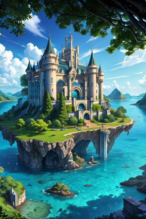  The island of Hylas inspired by the kingdom of Atlantis ,  majestic buildings adorned with polished stones ,  shimmering castles surrounded by an extensive magical forest,an island surrounded by water on all sides  