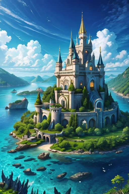  The island of Hylas inspired by the kingdom of Atlantis ,  majestic buildings adorned with polished stones ,  shimmering castles surrounded by an extensive magical forest,an island surrounded by water on all sides  