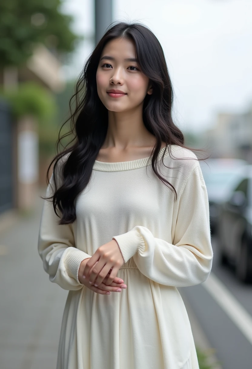              young Japanese woman             , Alone,             HD Download                     , glance ,  解剖学的にAccurate, Best Quality,             HD Download                     , masterpiece, Accurate,  number々Awards,                      long sleeve sweater                、     dress、   small breasts、 slender、photo shoot、Long Hair、            Curly Hair、     ,      リアル           small breasts 、            skinny、whole body、smile、Around town、       is standing