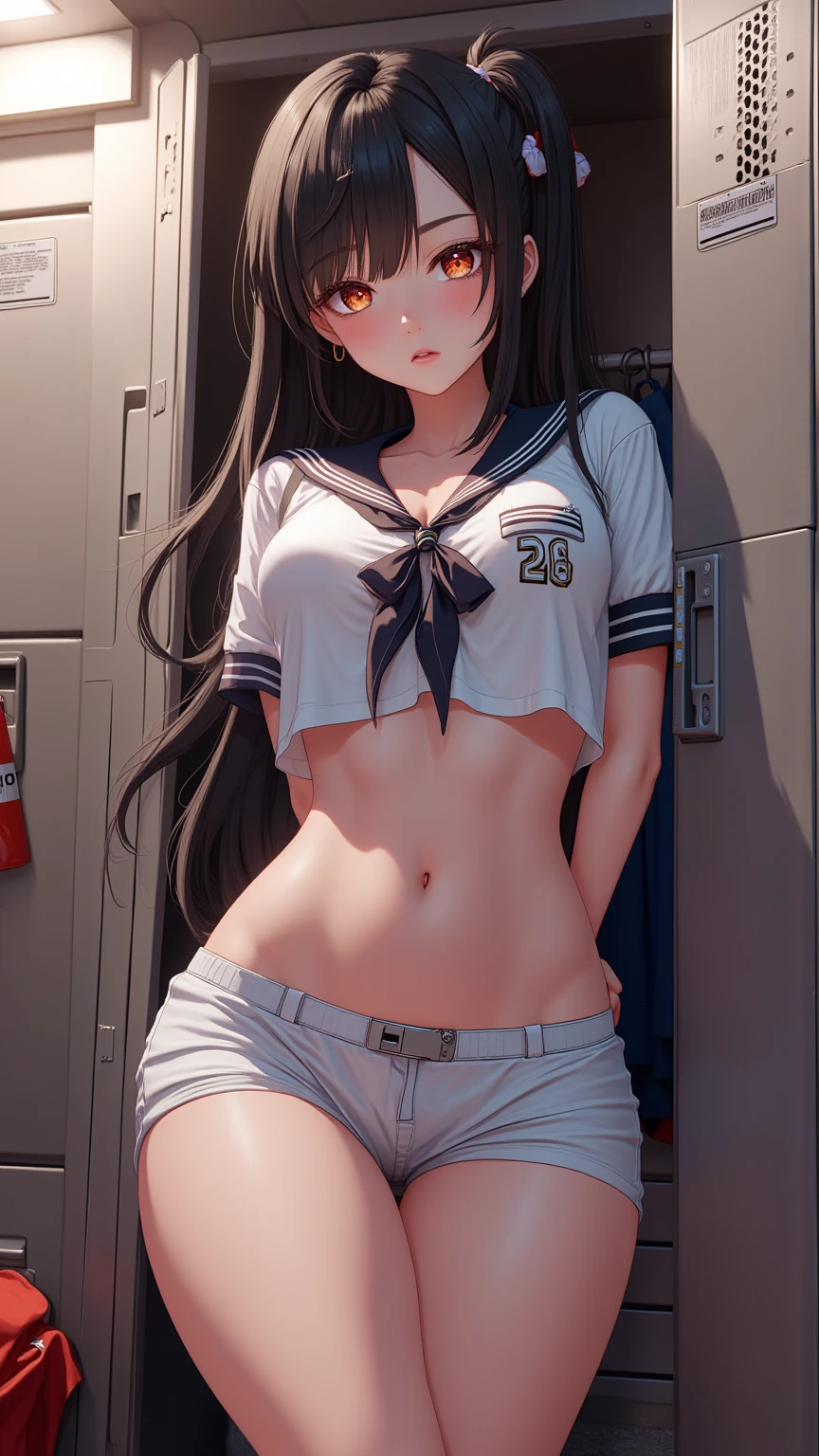 One girl、uniform　sexy　Erotic　Black Hair　mini skirt　Student Uniform　Sailor suit, Excellent anatomy, masterpiece, Highest quality,Realistic, hyperRealistic, 16k hdr,(((skirt lift))),NSFW、Long Hair、Straight Hair、bangs、freckles、Brown Hair、high school girl、White panties、Slender、Slender body、In the locker room, asian high school girl, huge breasts, cleavage, Lewd, horny, sexual gaze, huge breasts, cleavage, edgy graffiti graphic design with a neon pink, orange, and yellow colored palette, sexy pose, big orange eyes, ulzzang, portrait, (anime), manga, (3D), sexy, 8ｋ, Highest quality, masterpiece, Sharp focus, yellow hair, orange eyes, ((from below)), arms behind back,