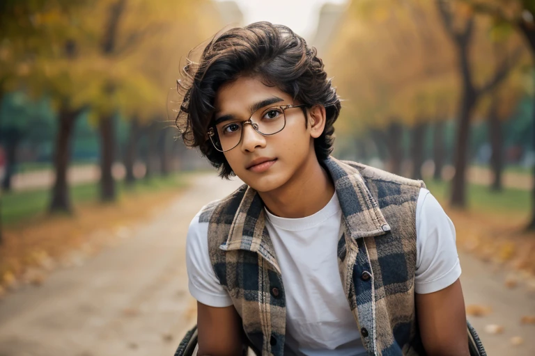  1 beautiful indian teenager boy ****, rounded face, a serious expression on his face,

realistic dishevelled short curly dark brown hair,

realistic beautiful brown eyes, glasses,

Multiple Poses and Expression, full body, sitting in wheelchair(realistic wheelchair),

White shirt, wool plaid sleeveless jacket, grey canvas pants, old sneakers, 

whole body, 

character sheet, 

different angles, realistic clothes texture, realistic hair, masterpiece, beautiful detailed rounded face,

background white --ar 3:2