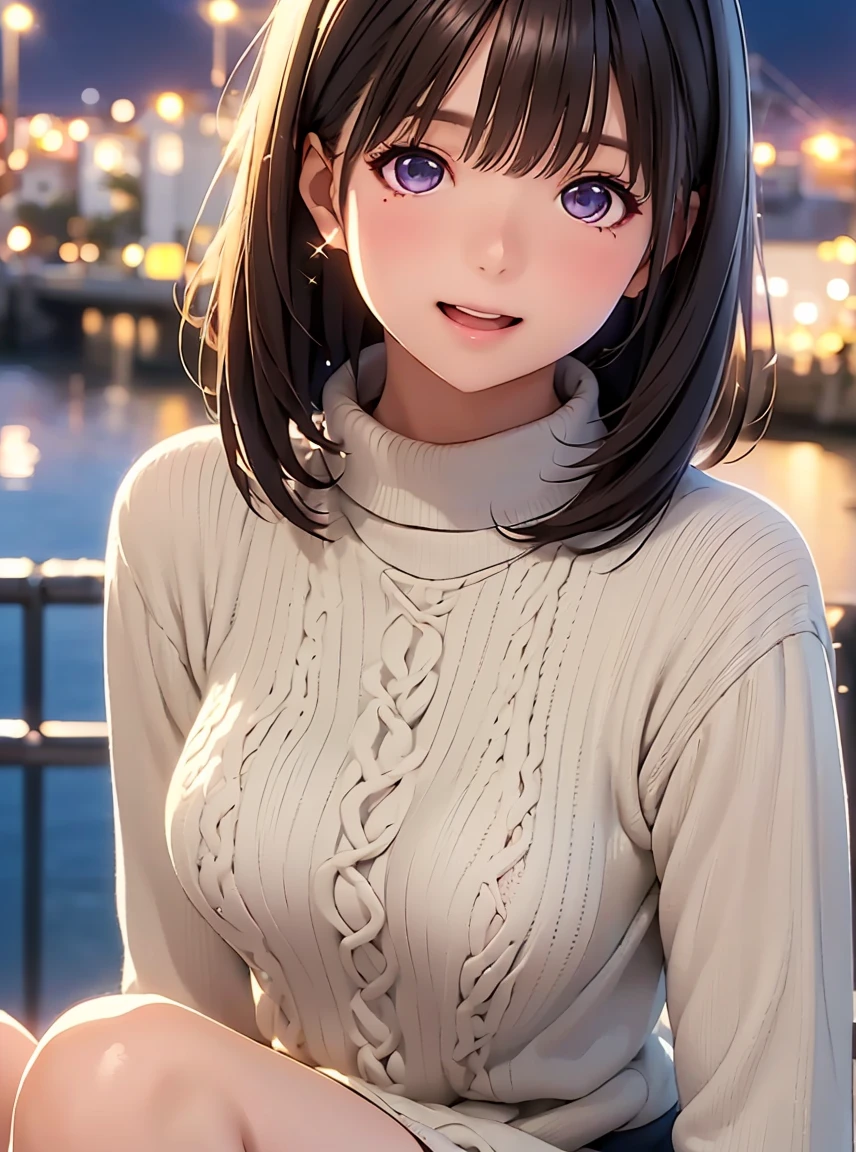   Hi-Res ,In 8K, best quality, Details,Semi-realistic anime, D Anime Style , Smooth Animated CG , one girl playing pranks, 19-year-old Japanese woman,slim,modeling,((Sparkling Eyes)),(( Medium Hair)),(Maroon Glowing Hair ), Pink Lips, Shiny brown hair, Detailsな顔,Beautiful and  Details,,((深い青紫色のSparkling Eyes)),(Open your mouth),(Laughter),((( cable knit wool dress ))),((タートルネック付き)),(( dark gray winter clothing knit dress)),( seated on the harbor seawall at night with turtleneck ),((Night view of the wharf )),((slimな身体)),( look at the camera),(Thighs)