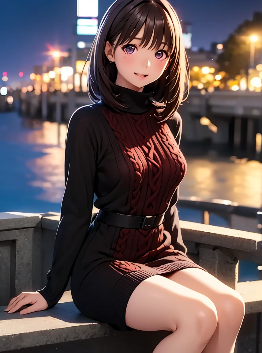   Hi-Res ,In 8K, best quality, Details,Semi-realistic anime, D Anime Style , Smooth Animated CG , one girl playing pranks, 19-year-old Japanese woman,slim,modeling,((Sparkling Eyes)),(( Medium Hair)),(Maroon Glowing Hair ), Pink Lips, Shiny brown hair, Detailsな顔,Beautiful and  Details,,((深い青紫色のSparkling Eyes)),(Open your mouth),(Laughter),((( cable knit wool dress ))),((タートルネック付き)),(( dark gray winter clothing knit dress)),( seated on the harbor seawall at night with turtleneck ),((Night view of the wharf )),((slimな身体)),( look at the camera),(Thighs)