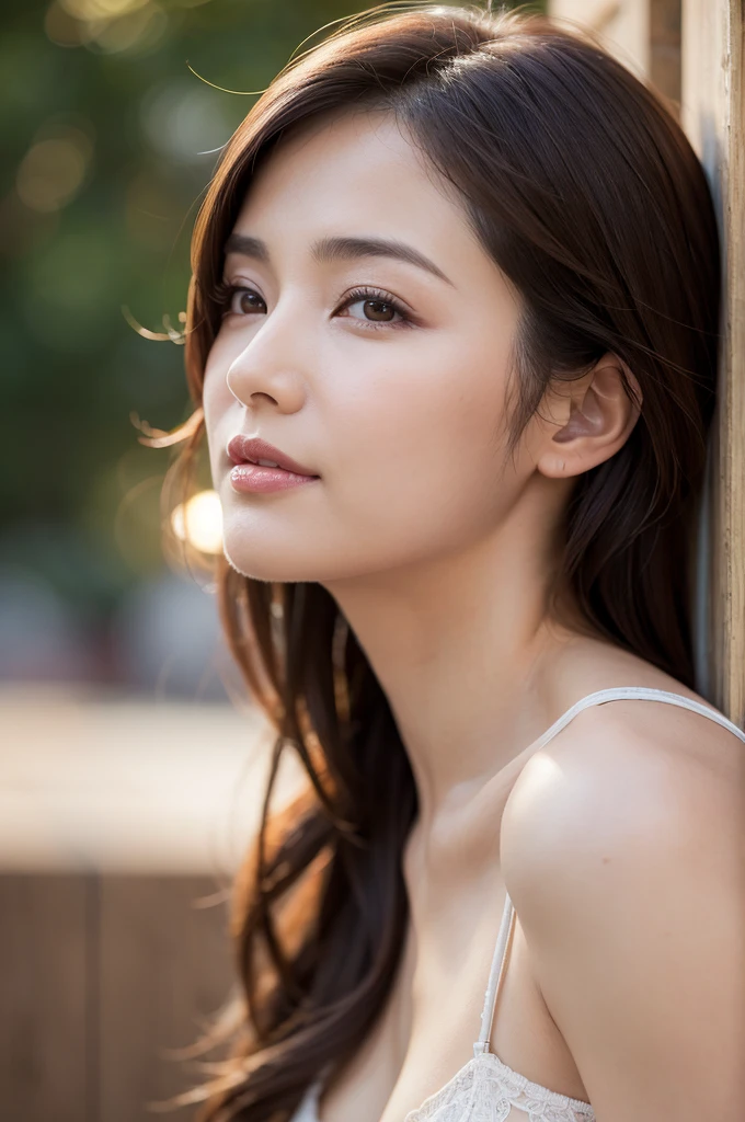 (ung girl), (highly detailed eyes, highly detailed hair, highly detailed face, Highly detailed plump lips), naked, (off shoulder), chest, Upper body, looking for a smile, (highest quality:1.4), RAW photo, (realistic, photo-realistic:1.37), professional photography, cinematic light, twilight, golden hour, Backlight, Depth of the bounds written,