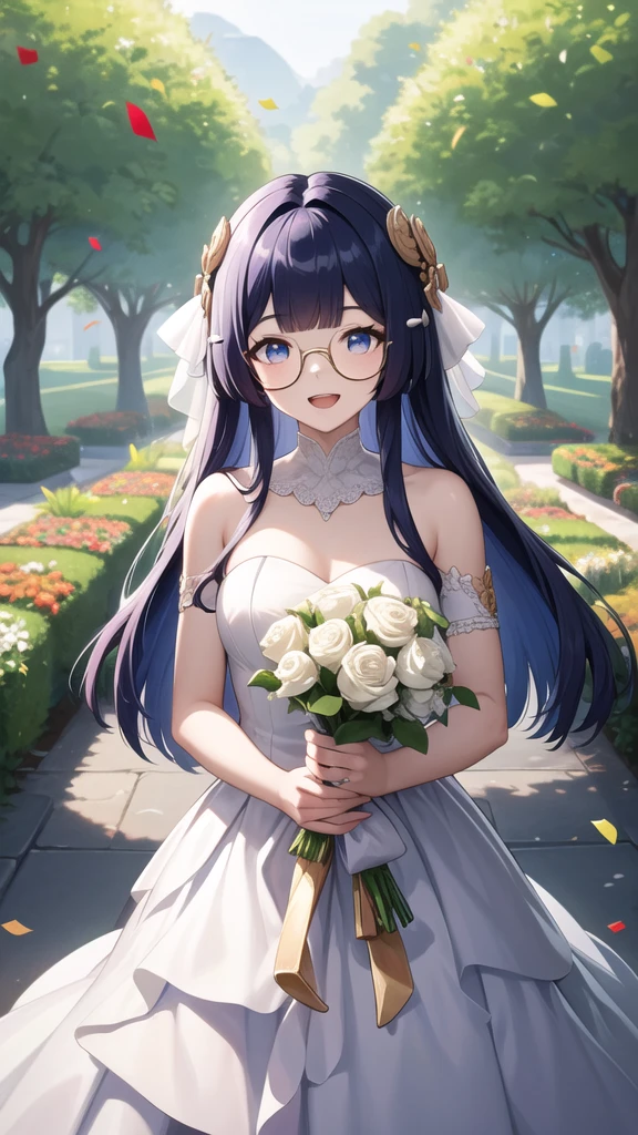 masterpiece, best quality, highres, aapela, long hair, hair ornament, glasses, wedding dress, white dress, strapless, smile, open mouth, garden, holding bouquet, confetti,