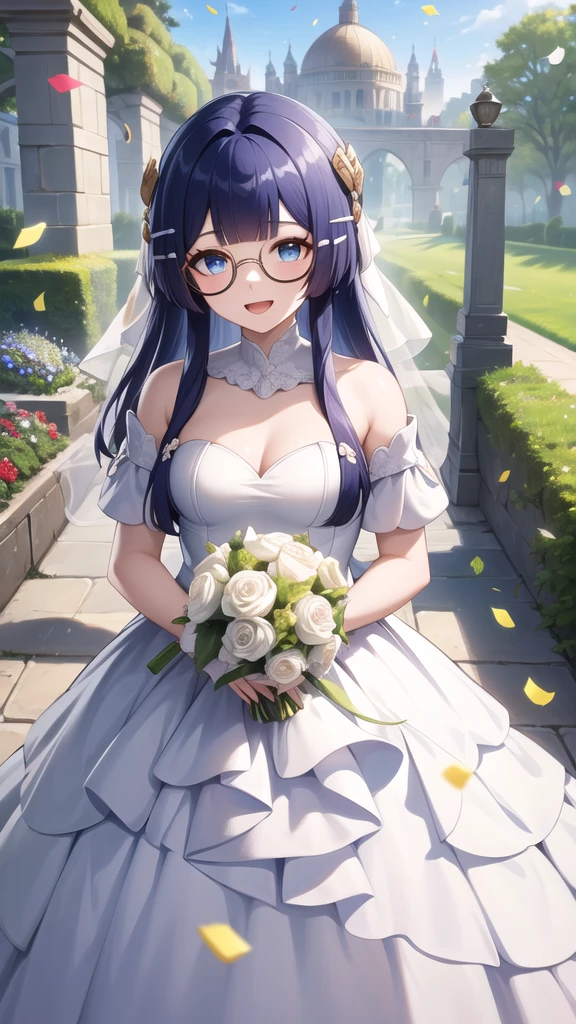 masterpiece, best quality, highres, aapela, long hair, hair ornament, glasses, wedding dress, white dress, strapless, smile, open mouth, garden, holding bouquet, confetti,