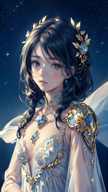 ((masterpiece)). This artwork is sweet, dreamy and ethereal, with soft pink watercolor hues and candy accents. Generate a delicate and demure fae exploring a (bubblegum world with a wide variety of pastel shades). Her sweet face is extremely detailed and realistic with elegant features and a fierce expression, and looks like ((((naomi scott)))). Include mature features and stunning, highly realistic eyes. Her eyes are important and should be realistic, highly detailed, and beautiful. In high definition and detail, include lots of details like stars, galaxies, colorful bubbles, colorful petals, and lots of energy and emotion! The stars and colorful bubblegum bubbles are important! Include fantasy details, enhanced details, iridescence, colorful glittering wind, and pollen. Pay special attention to her face and make sure it is beautifully and realistically detailed. The image should be dreamy and ethereal.8k, intricate, elegant, highly detailed, majestic, digital photography