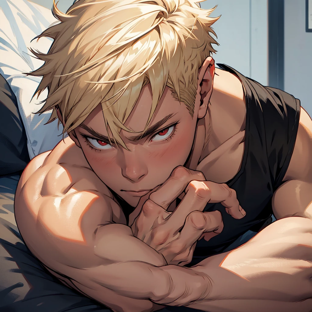 [Katsuki Bakugo, male, tone, mature: 1.5] [blonde hair, short spikey hair, red eyes] [boxers] [night time] [detail eyes, detail face, detail hand] [alone, laying in bed]