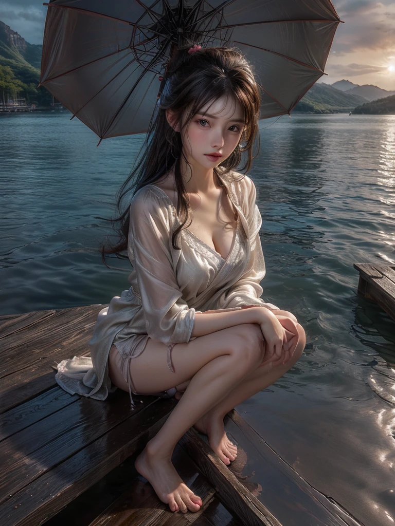 (photo realistic:1.35),  masterpiece, best quality, CG, wallpaper, HDR, high quality, high-definition, extremely detailed, 
(Intricate details), (Subtle details), (Intricate details), 

(A woman), 
((Pier jutting out into the lake:1.3)), 
(spread legs), 
(Squall:1.35, splashes), 

beautiful scenery, 
(midnight, night sky), ((starry sky)),
shine, glint, 

(wet hair, wet skin,) 
brown hair, cleavage, 
(wearing soft silk clothing), 
(holding an japanese umbrella ),  headdress, 
shining eyes, 
perfect face, detailed face, 
perfect female anatomy, two legs, two feet, two arms, 

